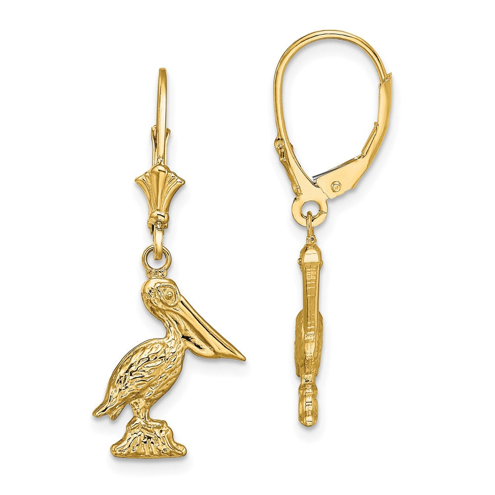 14K Yellow Gold 3-D Pelican Standing Leverback Earrings