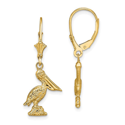 14K Yellow Gold 3-D Pelican Standing Leverback Earrings