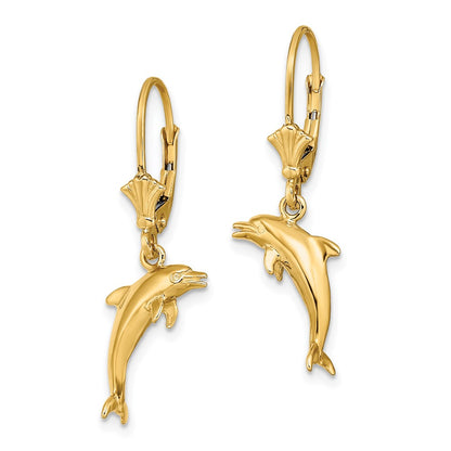 14K Yellow Gold 3-D Mini Dolphin Jumping Leverback Earrings