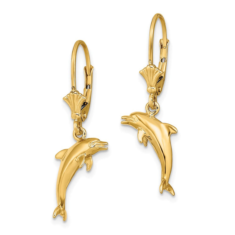 14K Yellow Gold 3-D Mini Dolphin Jumping Leverback Earrings