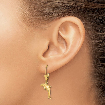 14K Yellow Gold 3-D Mini Dolphin Jumping Leverback Earrings