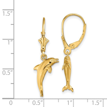 14K Yellow Gold 3-D Mini Dolphin Jumping Leverback Earrings
