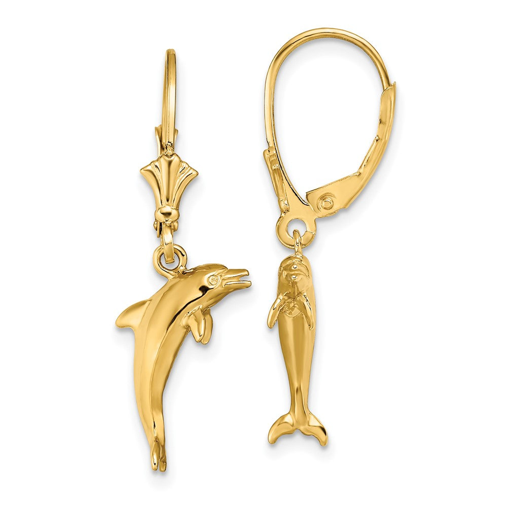 14K Yellow Gold 3-D Mini Dolphin Jumping Leverback Earrings