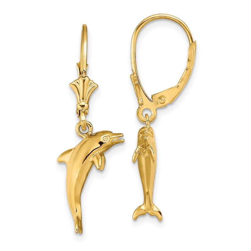 14K Yellow Gold 3-D Mini Dolphin Jumping Leverback Earrings