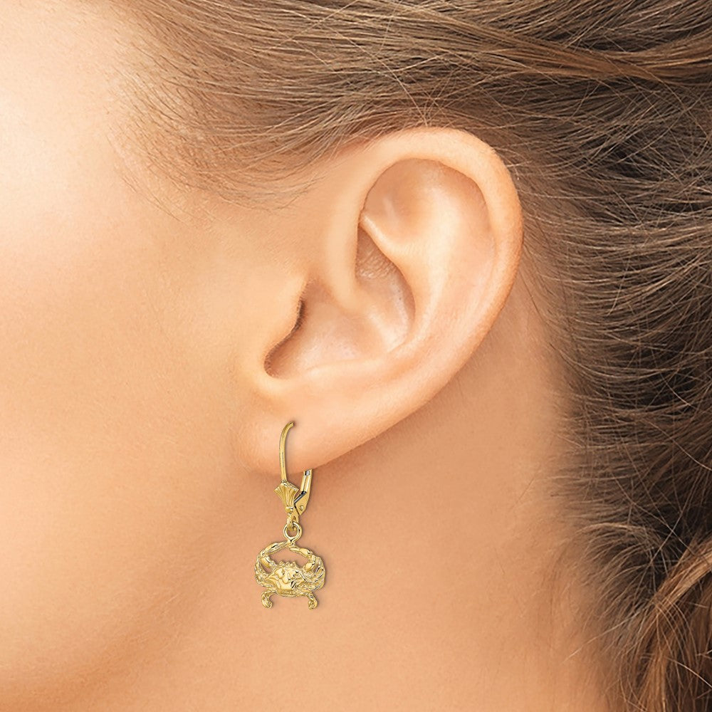 14k Yellow Gold 2-D Blue Crab Leverback Earrings