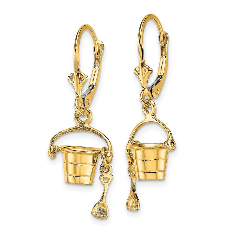 14K Yellow Gold 3-D Beach Bucket W/ Shovel Leverback Earrings