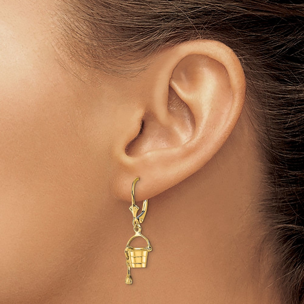 14K Yellow Gold 3-D Beach Bucket W/ Shovel Leverback Earrings