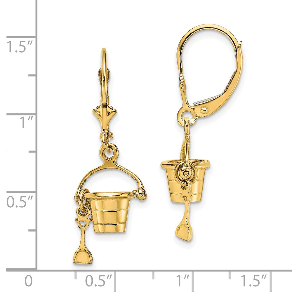 14K Yellow Gold 3-D Beach Bucket W/ Shovel Leverback Earrings