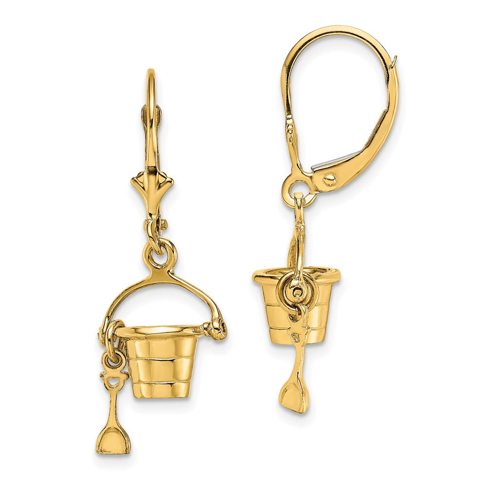 14K Yellow Gold 3-D Beach Bucket W/ Shovel Leverback Earrings