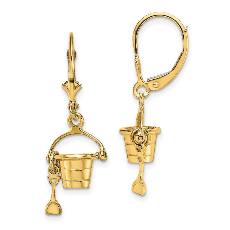 14K Yellow Gold 3-D Beach Bucket W/ Shovel Leverback Earrings