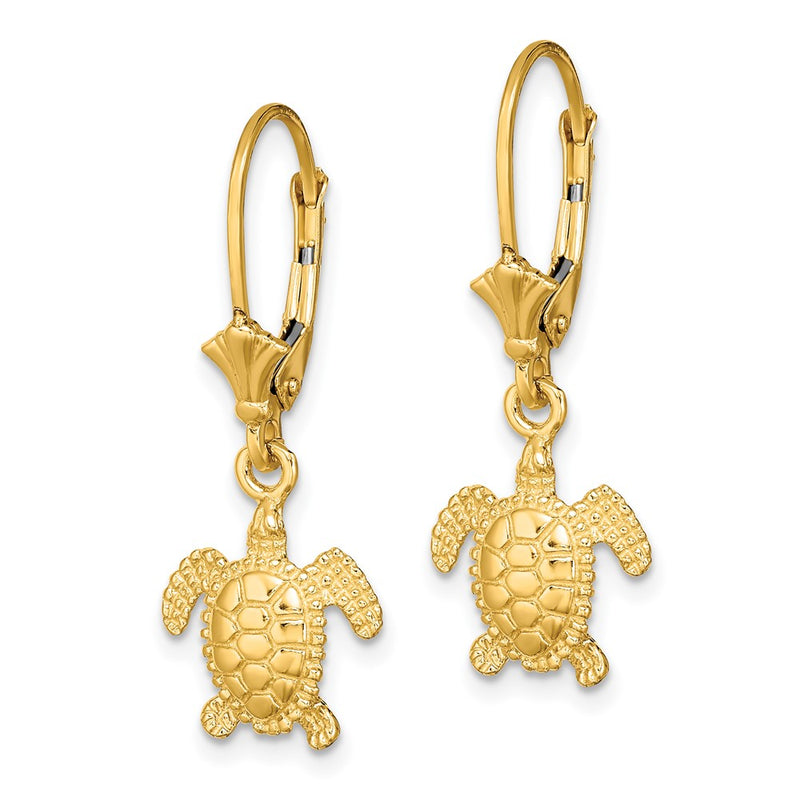 14K Yellow Gold 3-D Polished Mini Sea Turtle Leverback Earrings