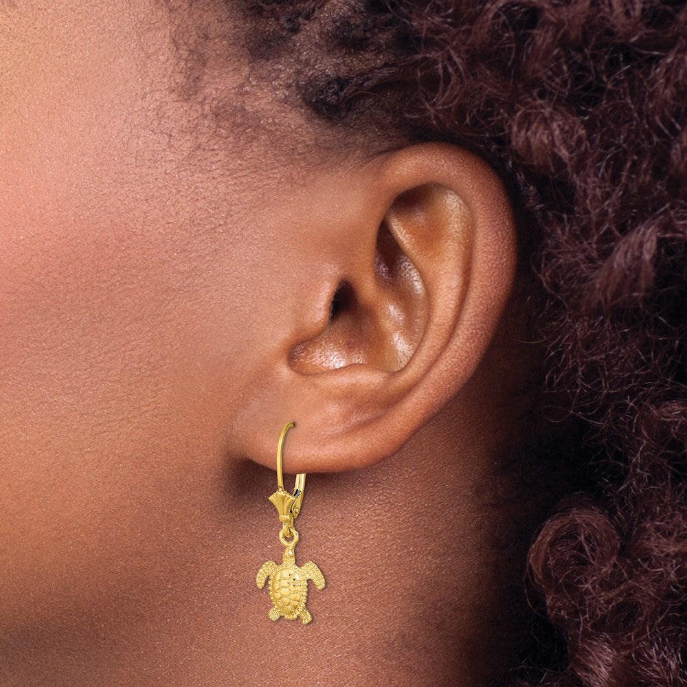 14K Yellow Gold 3-D Polished Mini Sea Turtle Leverback Earrings