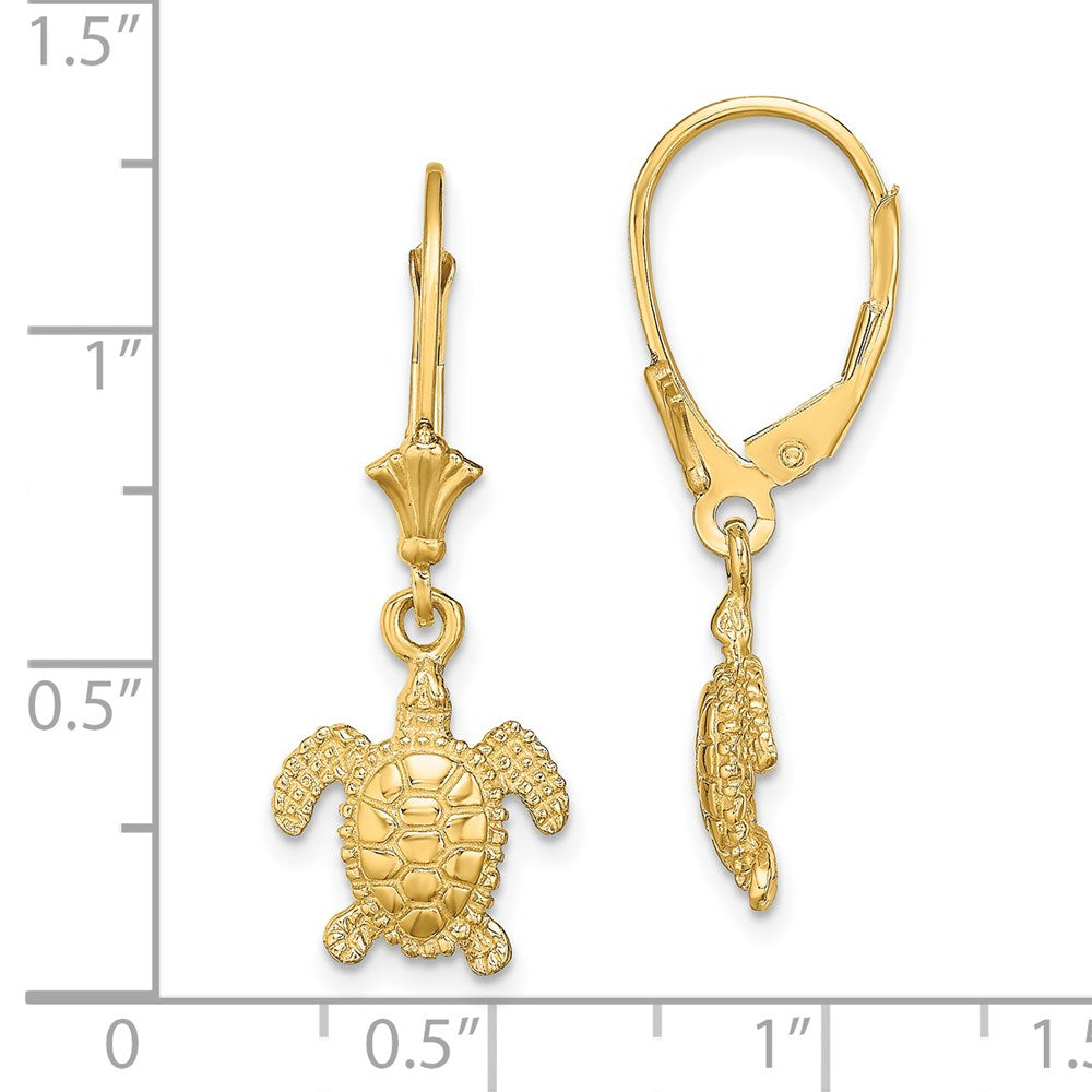 14K Yellow Gold 3-D Polished Mini Sea Turtle Leverback Earrings