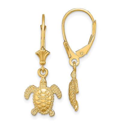 14K Yellow Gold 3-D Polished Mini Sea Turtle Leverback Earrings