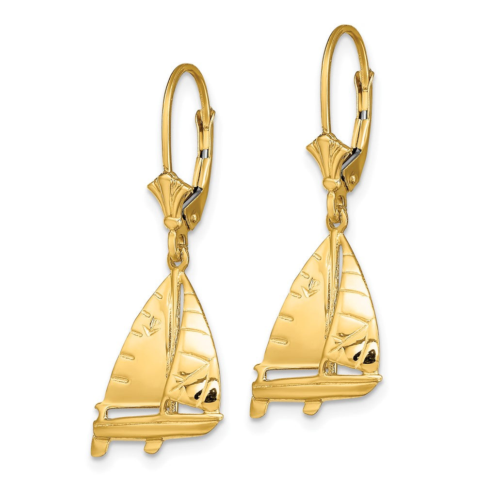 14K Yellow Gold 3-D Sailboat Leverback Earrings