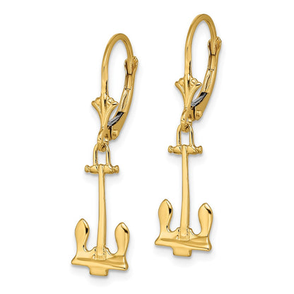 14K Yellow Gold Polished Navy Anchor Leverback Earrings
