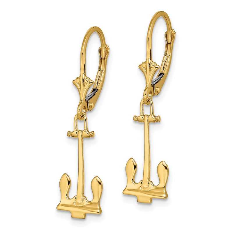 14K Yellow Gold Polished Navy Anchor Leverback Earrings