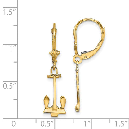 14K Yellow Gold Polished Navy Anchor Leverback Earrings