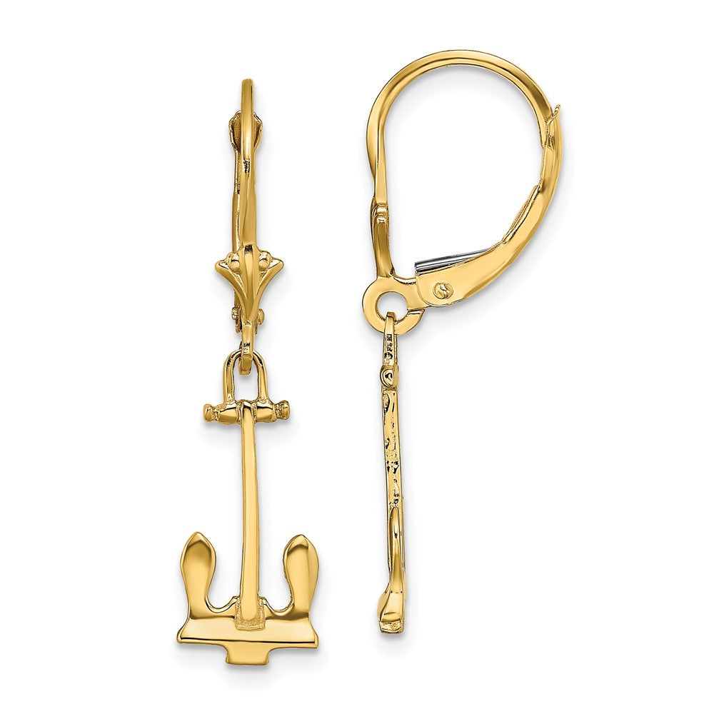 14K Yellow Gold Polished Navy Anchor Leverback Earrings