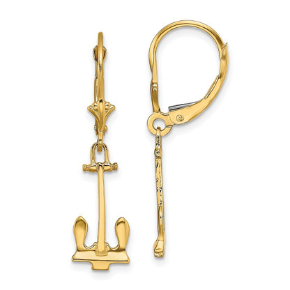 14K Yellow Gold Polished Navy Anchor Leverback Earrings