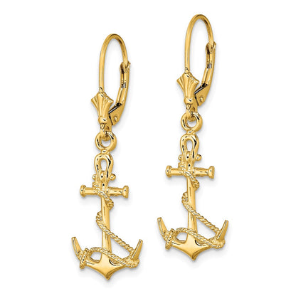 14K Yellow Gold 3-D Anchor W/ Shackle And Entwined Rope Leverback Earrings