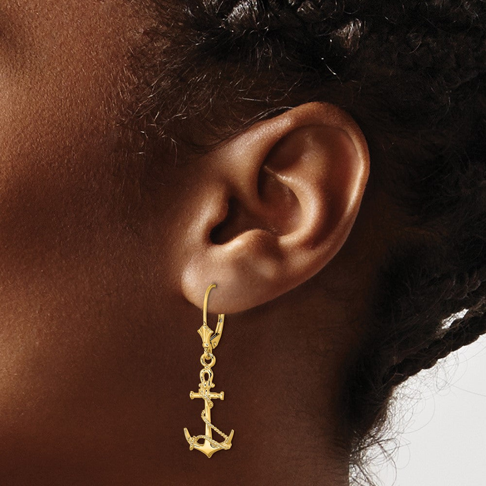14K Yellow Gold 3-D Anchor W/ Shackle And Entwined Rope Leverback Earrings
