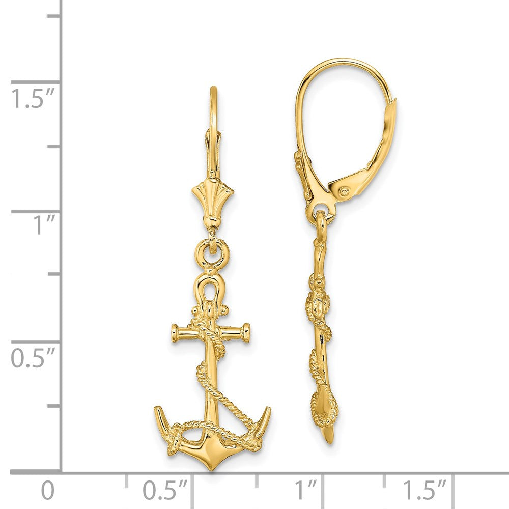 14K Yellow Gold 3-D Anchor W/ Shackle And Entwined Rope Leverback Earrings