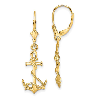 14K Yellow Gold 3-D Anchor W/ Shackle And Entwined Rope Leverback Earrings
