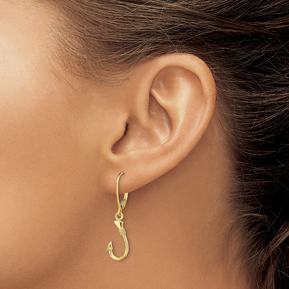 14K Yellow Gold 3-D Fish Hook Leverback Earrings