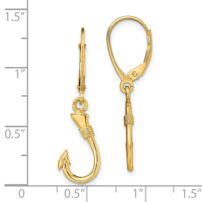 14K Yellow Gold 3-D Fish Hook Leverback Earrings