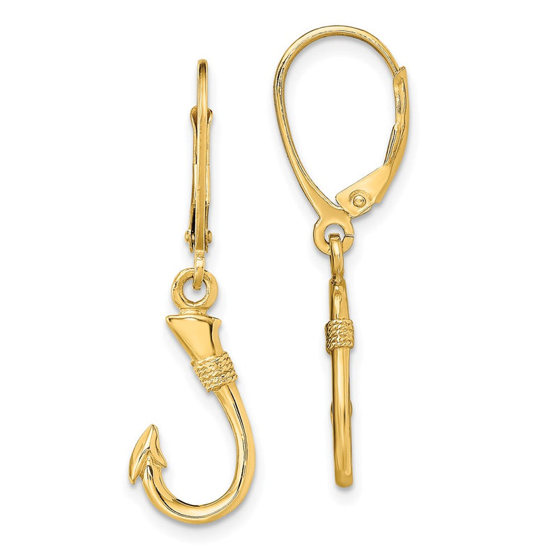 14K Yellow Gold 3-D Fish Hook Leverback Earrings