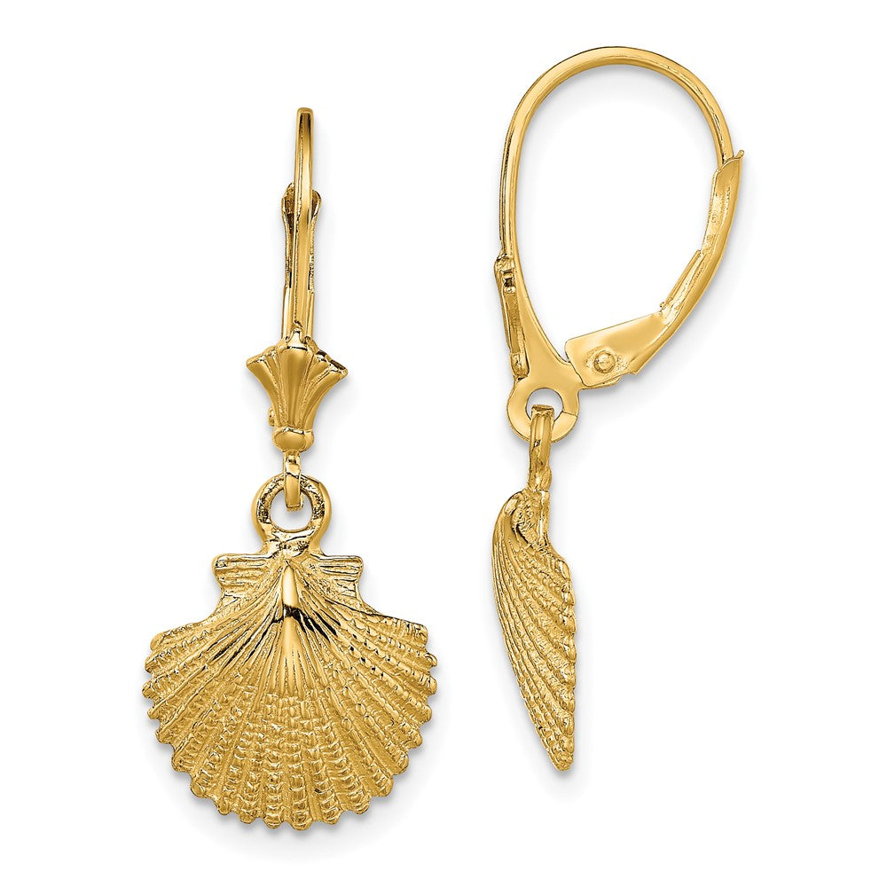 14K Yellow Gold 2-D And Textured Scallop Shell Leverback Earrings