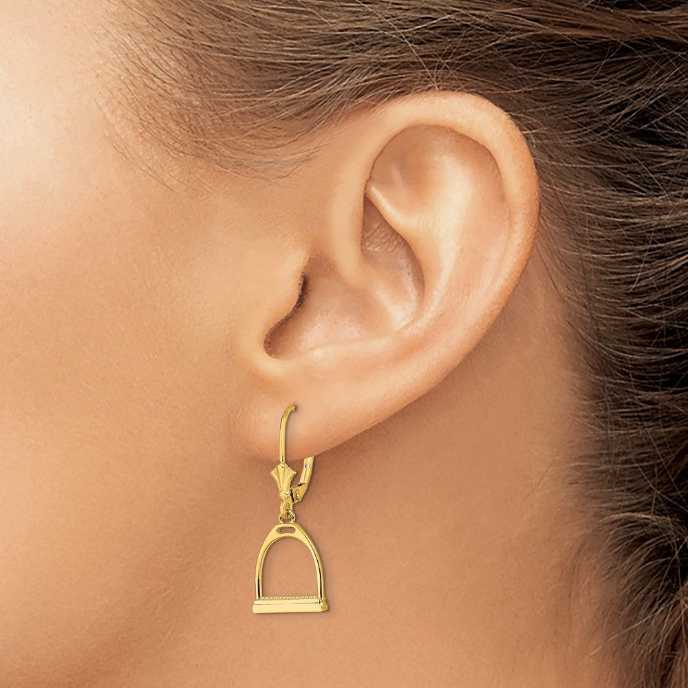 14K Yellow Gold 3-D Small Horse Stirrup Leverback Earrings