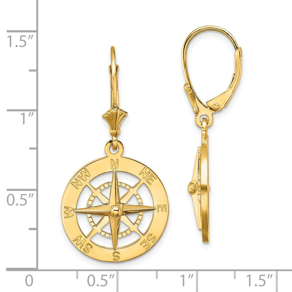 14K Yellow Gold Nautical Compass Leverback Earrings