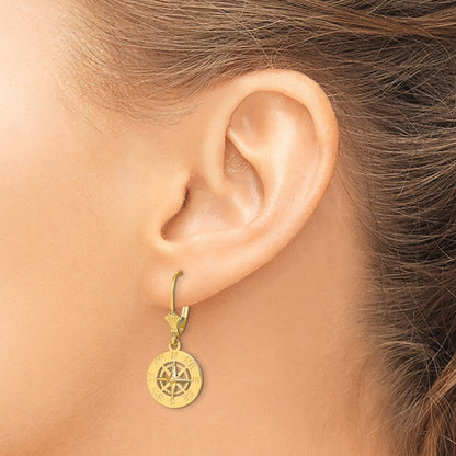 14K Yellow Gold Mini Nautical Compass Leverback Earrings