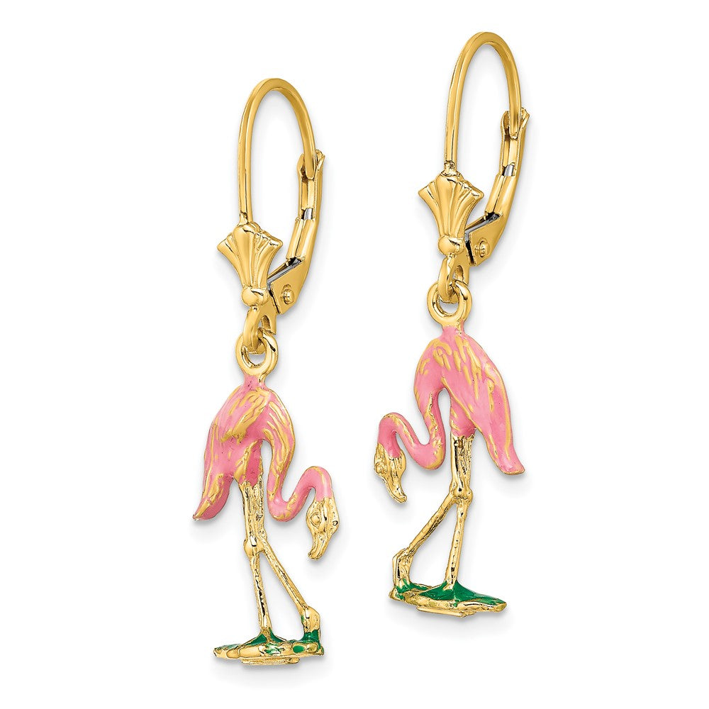 14K Yellow Gold W/ Enamel 3-D Flamingo Leverback Earrings