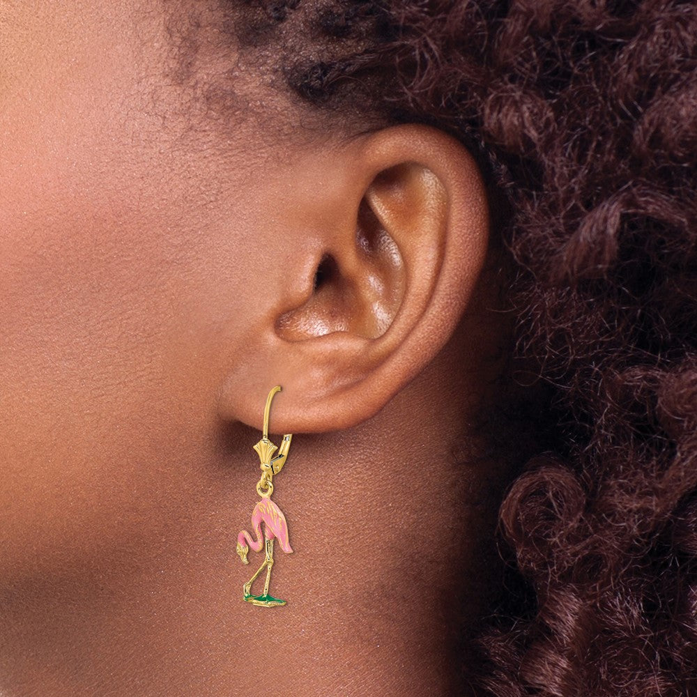14K Yellow Gold W/ Enamel 3-D Flamingo Leverback Earrings