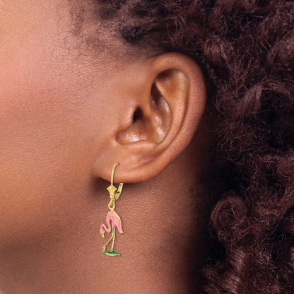 14K Yellow Gold W/ Enamel 3-D Flamingo Leverback Earrings