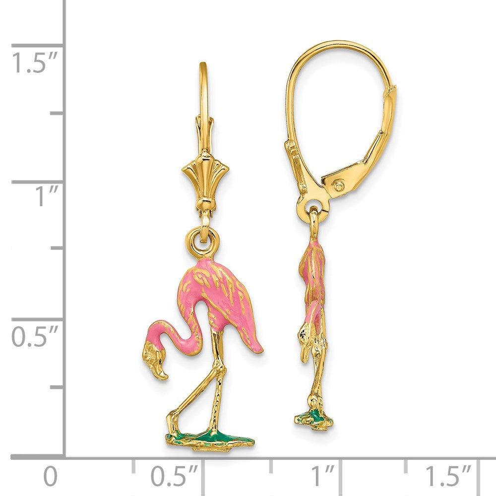 14K Yellow Gold W/ Enamel 3-D Flamingo Leverback Earrings