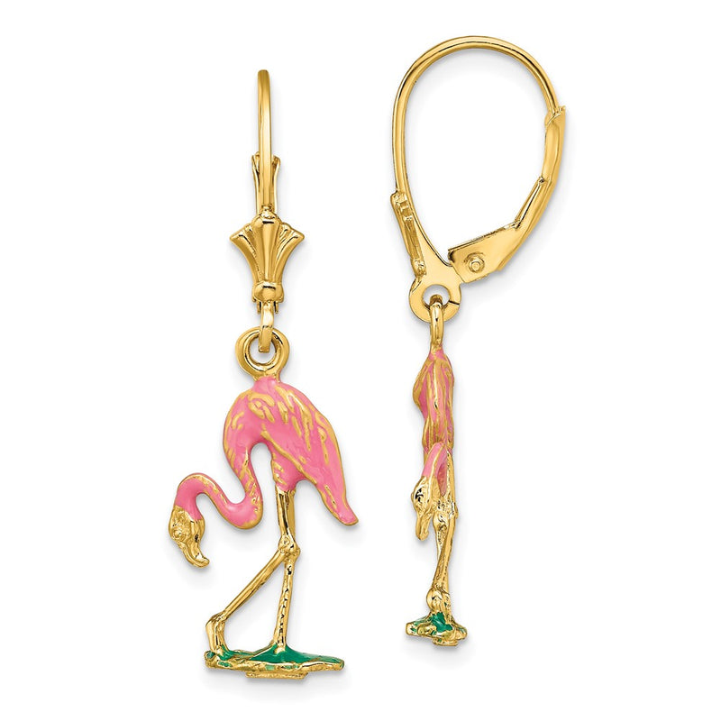 14K Yellow Gold W/ Enamel 3-D Flamingo Leverback Earrings