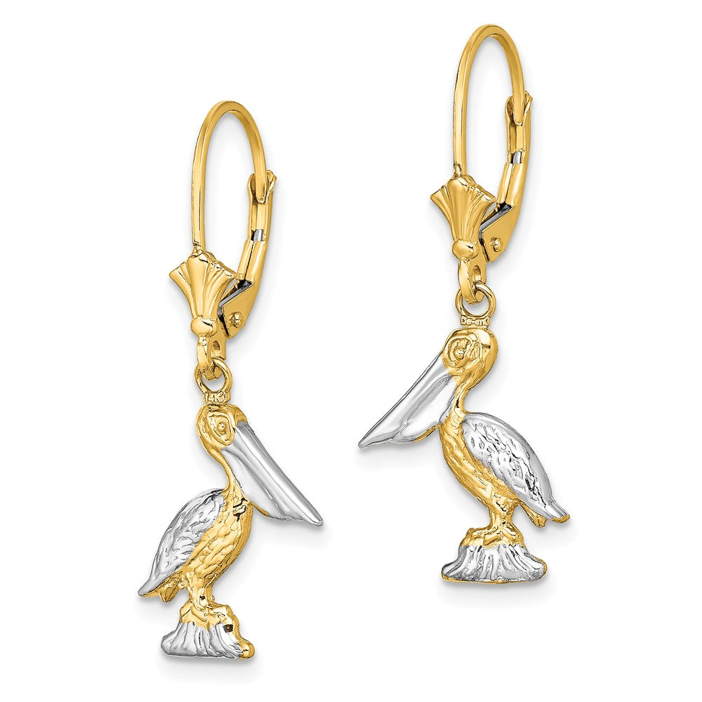 14K Yellow & Rhodium And 3-D Pelican Standing W/ Leverback Earrings