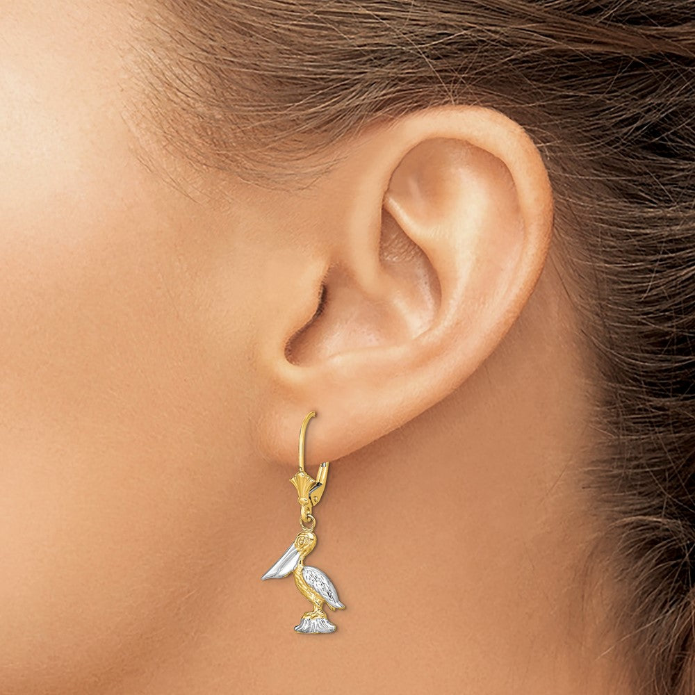 14K Yellow & Rhodium And 3-D Pelican Standing W/ Leverback Earrings