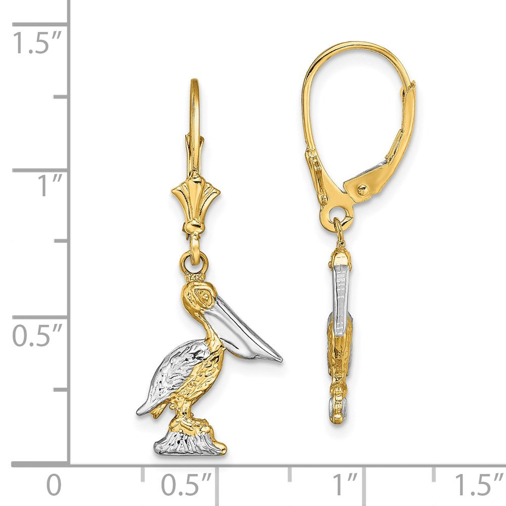 14K Yellow & Rhodium And 3-D Pelican Standing W/ Leverback Earrings