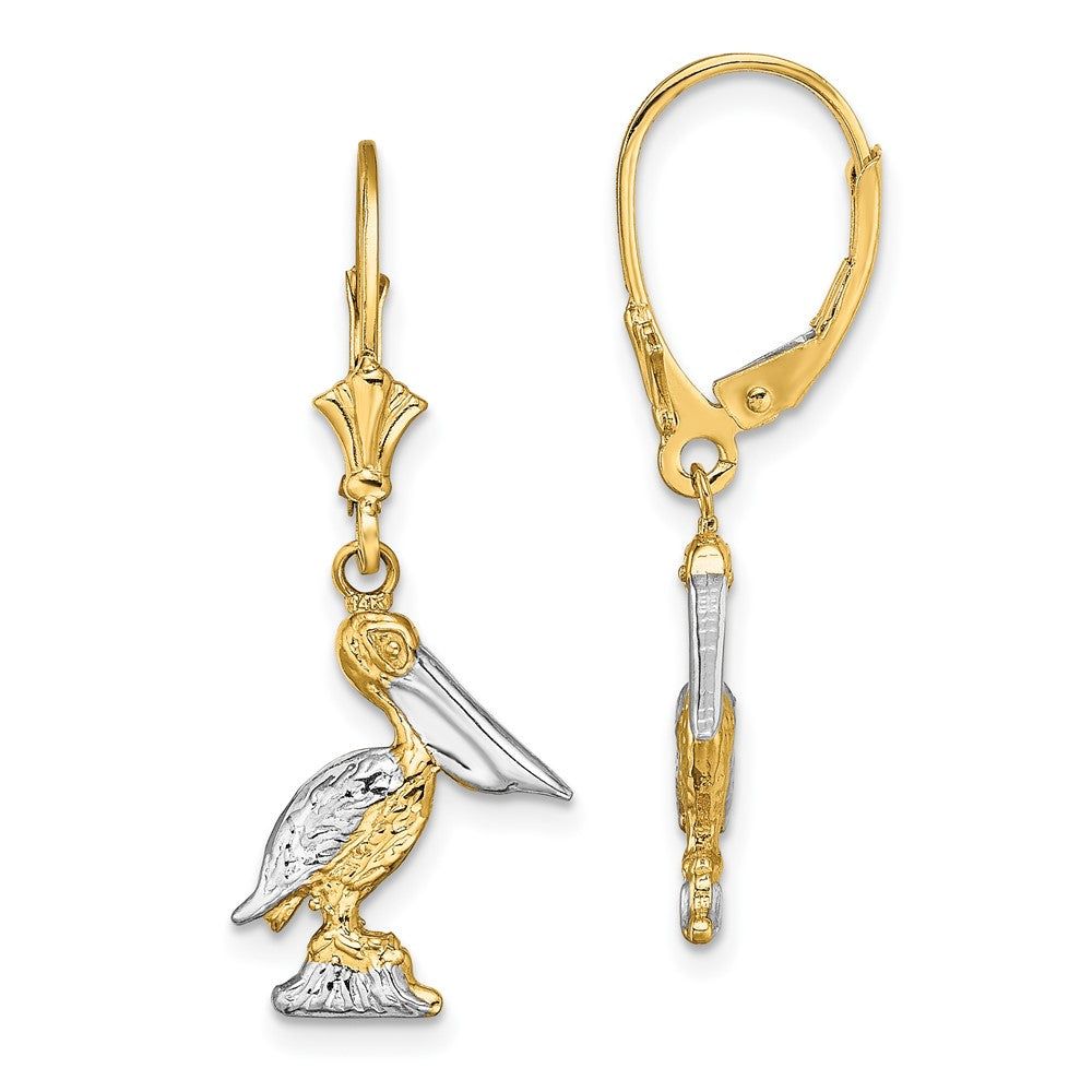 14K Yellow & Rhodium And 3-D Pelican Standing W/ Leverback Earrings
