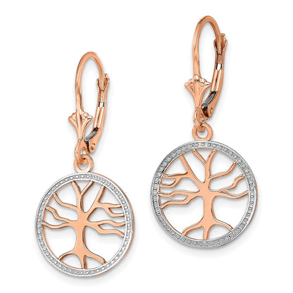 14K Yellow & Rhodium Tree Of Life W/ Rh Round Frame Leverback Earrings