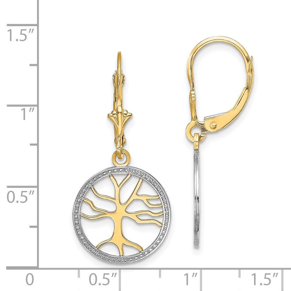 14K Yellow & Rhodium Tree Of Life W/ Rh Round Frame Leverback Earrings