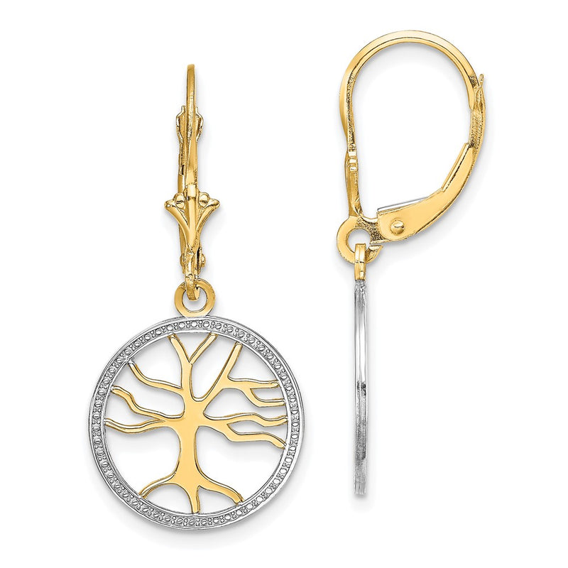 14K Yellow & Rhodium Tree Of Life W/ Rh Round Frame Leverback Earrings