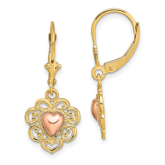 14K Two-Tone Polished Heart Leverback Earrings