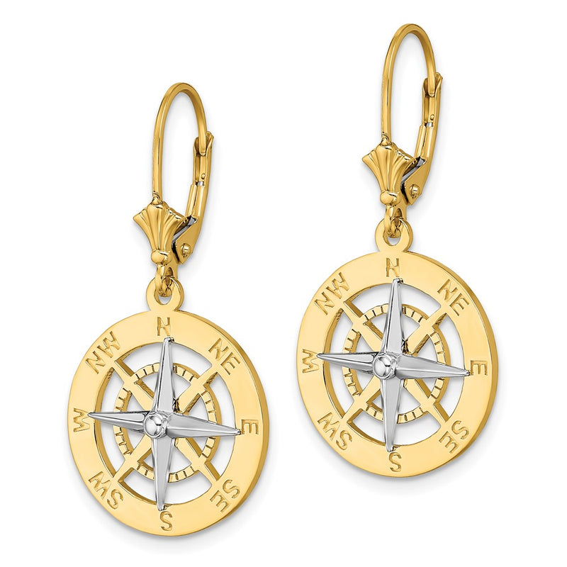 14K Two-Tone W/ Rhodium Nautical Compass Leverback Earrings