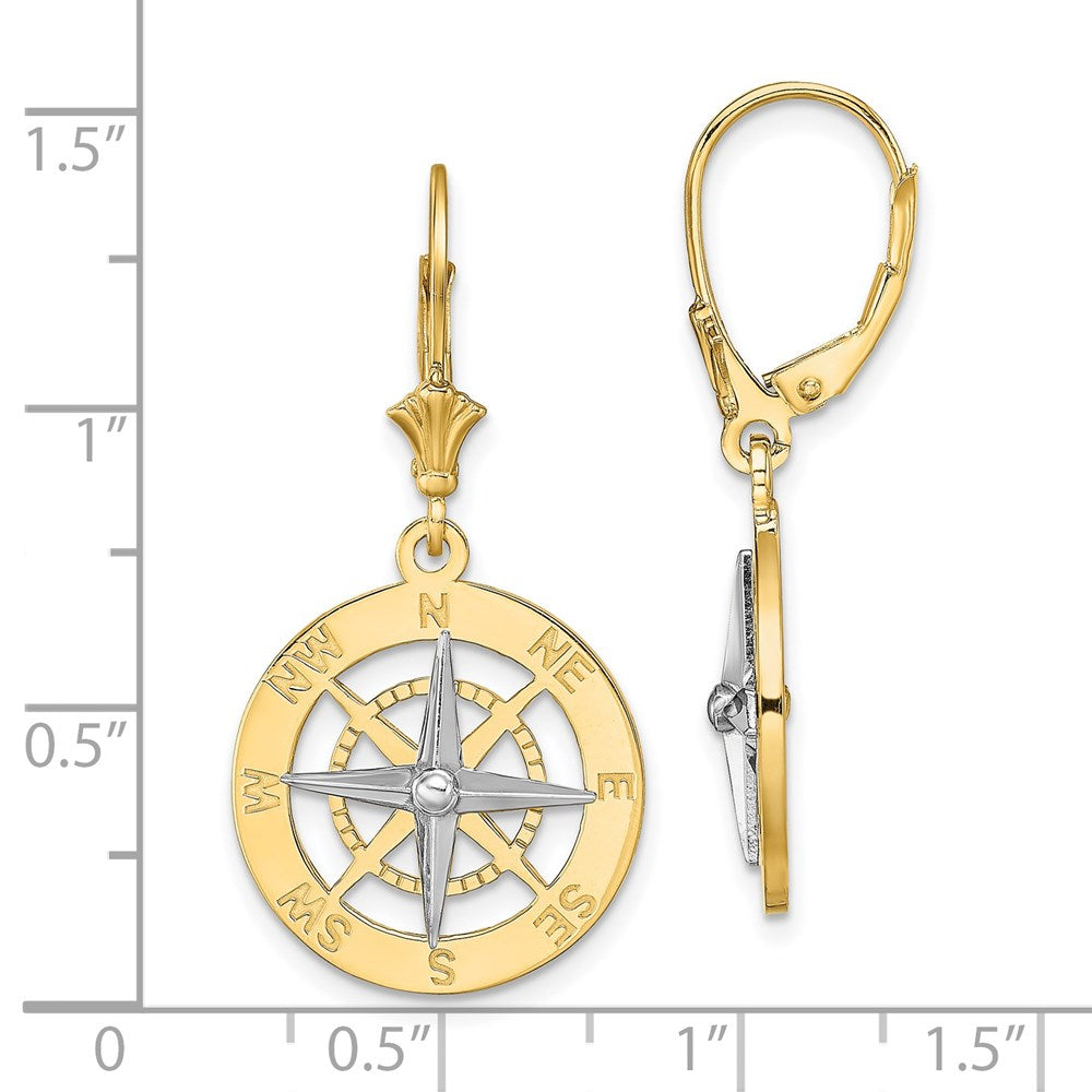 14K Two-Tone W/ Rhodium Nautical Compass Leverback Earrings